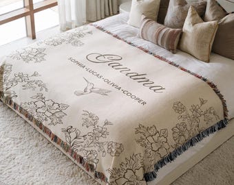 Personalized Floral Blanket for Grandma, Group Gift from Grandkids, Nana Blanket with Kids Names, Hummingbird Nana Woven, Grandma Birthday