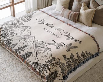 Personalized Outdoorsy Couples Wedding Gift Blanket, Custom Camping Couples Throw, Engagement Gift, Cotton Anniversary Gift