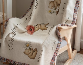 Personalized Grandma's Garden Blanket with Bears, Birth Flower Gift From Grandkids, Group Gift, Keepsake Blanket, Nana Throw with Kids Names