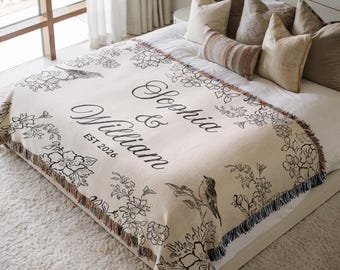 Floral Personalized Wedding Woven Blanket with Names, Custom Anniversary Engagement Throw, Engagement Gift, Bridal Shower Present