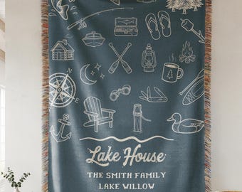 Blue Personalized Family Name Lake House Blanket, Custom Cabin Decor Throw, Beach House Housewarming Gift