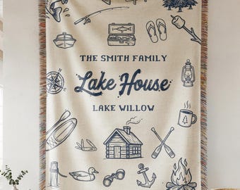 Custom Lake House Blanket, Personalized Family Name Throw, Cabin Decor, Housewarming Gift