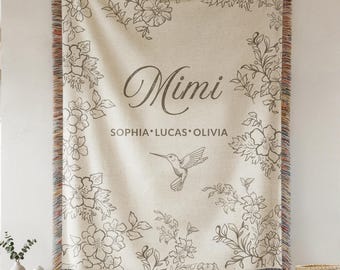 Personalized Hummingbird Blanket for Grandma, Group Gift from Grandkids, Nana Blanket with Kids Names, Floral Nana Woven, Grandma Birthday