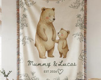 Personalized Mama Bear Blanket, Custom First Mothers day Gift, Teddy Bear Blanket, Floral Sentimental Gift Mom Birthday Gift
