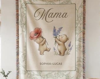 Personalized Mama Garden Blanket with Teddy Bears, Birth Flower Gift From Kids, Group Gift , Keepsake Blanket, Mom Blanket with Kids Names