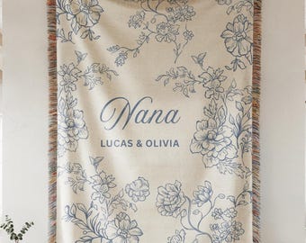 Personalized Blanket for Grandma, Group Gift from Grandkids, Nana Blanket with Kids Names, Floral Nana Woven, Grandma Birthday Gift