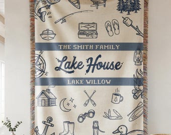 Custom Lake House Blanket, Personalized Family Name Throw, Cabin Decor, Housewarming Gift