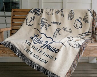Personalized Family Name Lake House Blanket, Custom Cabin Decor Throw