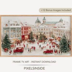 Moldura de Natal vintage para TV, Vila em estilo vintage, Download digital de pintura de paisagem de inverno, Protetor de tela para TV, Decoração de casa para o feriado