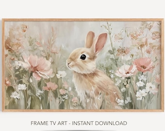 Osterhasenrahmen TV-Kunst, rosa Aquarell von Ostern, Frühlings-Wildblumenrahmen TV, neutraler Frühlingsbauernhausdekor, digitaler Download