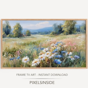 May include: A framed landscape painting depicting a field of wildflowers. The artwork showcases white and blue daisies, set against a backdrop of rolling hills and trees. The text "FRAME TV ART - INSTANT DOWNLOAD" and "PIXELSINSIDE" are at the bottom.
