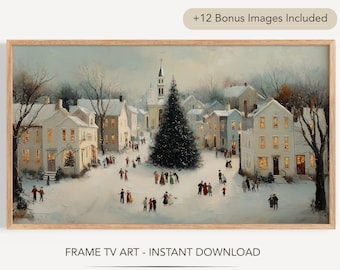 European Village Christmas Frame Tv Art,  Christmas Town, Winter Landscape Painting, Digital Download