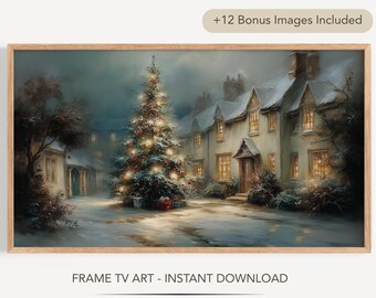 Frame Tv Art, Vintage Christmas Village Art, Christmas Tree Oil Painting, Christmas Night, Digital Download