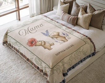 Personalized Baby Bear Blanket for Mom with Kids Names, Mothers day Gift, Floral Sentimental Gift Mom Birthday Gift, Custom Family Blanket