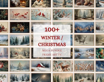 Könnte beinhalten: Eine Sammlung von über 100 gerahmten Kunstdrucken zum Thema Winter und Weihnachten. Die Bilder zeigen verschneite Landschaften, Tiere und Urlaubsszenen. Der Text "100+ WINTER / CHRISTMAS MEGA BUNDLE FRAME ART TV" ist zu sehen.