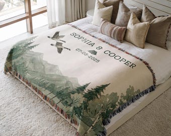 Personalized Hunting Couples Blanket, Custom Outdoorsy Mountains Forest Camping Couples Throw, Engagement Gift, Cotton Anniversary Gift