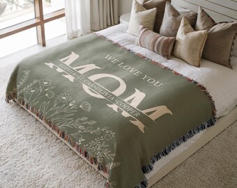 Personalized Green Mama Blanket with Kids Names, Mothers day Group Gift, Floral Sentimental Gift Mom Birthday Gift, Custom Family Blanket