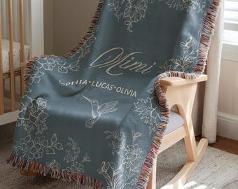 Personalized Blue Hummingbird Blanket for Grandma, Group Gift from Grandkids, Nana Blanket with Kids Names, Floral Grandma Birthday Gift