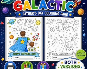 Pagina da colorare per la Festa del Papà a tema Papà Galattico / Attività creativa spaziale per bambini (Download digitale)