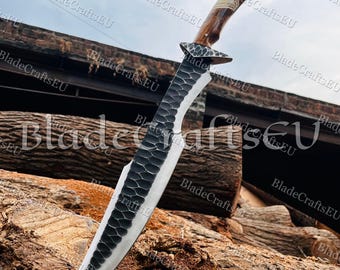 Handgesmeed kort zwaard van Wootz-staal, zwarte cobra, handvat van palissanderbeen, lemmet met volledige tang