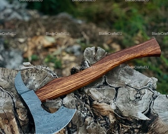 Ascia Tomahawk in acciaio di Damasco forgiata a mano: manico in palissandro, accetta da campeggio