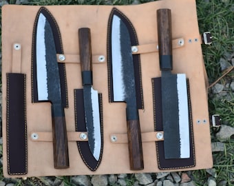 Handmade High Carbon Steel Japanese Chef Knife Set: Hammered Finish, Leather Roll
