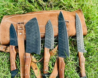 Handmade High Carbon Steel Chef Knife Set: Leather Roll Bag, Kitchen Gift