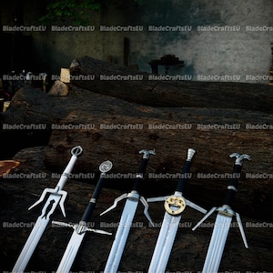 May include: An assortment of swords with silver blades and ornate handles. The swords are displayed on a dark, textured surface, possibly wood. The handles vary in design, with some featuring intricate details and circular or cross-shaped guards. The image has the text "BladeCraftsEU" repeated.