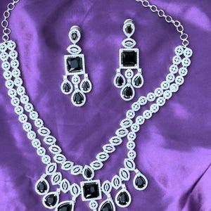 AD Indian designer Necklace set: two layer Black and Silver Neckpiece with Ring
