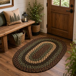 May include: An oval braided rug featuring concentric bands of dark brown, forest green, and tan fibers. The rug has a textured, woven appearance with a consistent pattern of interlaced loops throughout its entire surface area.