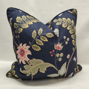 Navy Blue Floral Accent Pillow Cover - Repurposed Upholstery Fabric