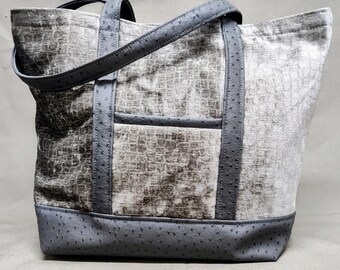 Velvet Tote Bag - Gray Glimmer | Solid Velvet Subtle Geometric Pattern Tote | Upcycled Upholstery Remnant Carryall