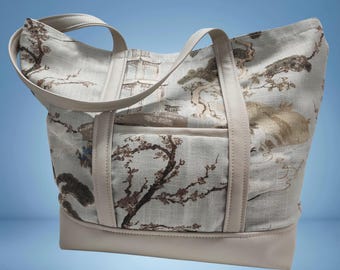 Extra Large Upholstery Tote Bag – Chinoiserie Woven Designer Fabric Shoulder Bag
