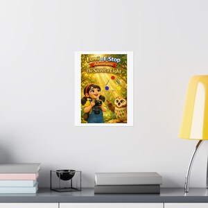 May include: A framed poster with a vibrant illustration from "Lumi & F-Stop Adventures: The Secret of Light." The image shows a girl with a camera and an owl in a forest. The poster has a white border and is displayed on a grey surface.
