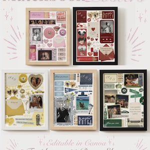 Può includere: Cinque poster collage incorniciati con grafiche a tema scatole di fiammiferi, fotografie ed elementi testuali in palette di colori rosa, rosso, giallo, blu e verde. La collezione include modelli modificabili ed elementi bonus per la personalizzazione.