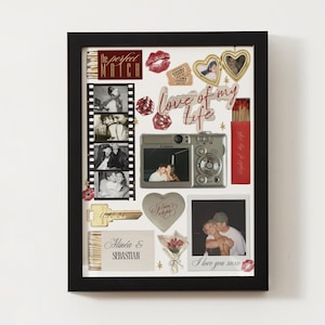 May include: A framed collage with a black border, featuring photos, film strips, and decorative elements. Includes a camera, heart-shaped lockets, and the text "Love of my life" and "I love you xoxo".