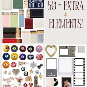 May include: A collage of various decorative elements, including matchboxes with the text "the perfect MATCH", pool balls, dice, a camera, and photo frames. The image also features the text "50 + EXTRA ELEMENTS!"