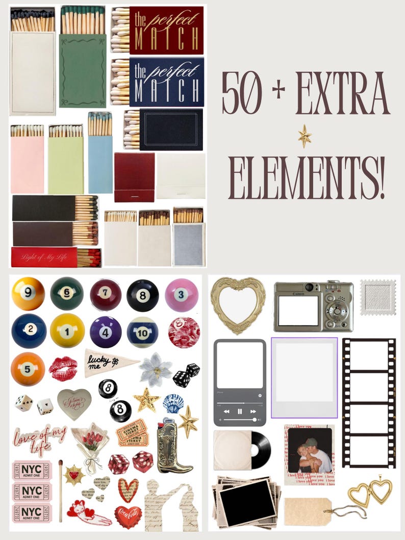 May include: A collage of various decorative elements, including matchboxes with the text "the perfect MATCH", pool balls, dice, a camera, and photo frames. The image also features the text "50 + EXTRA ELEMENTS!"