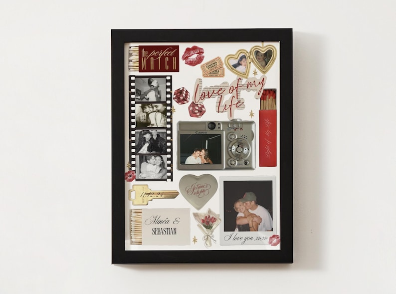 May include: A framed collage with a black border, featuring photos, film strips, and decorative elements. Includes a camera, heart-shaped lockets, and the text "Love of my life" and "I love you xoxo".