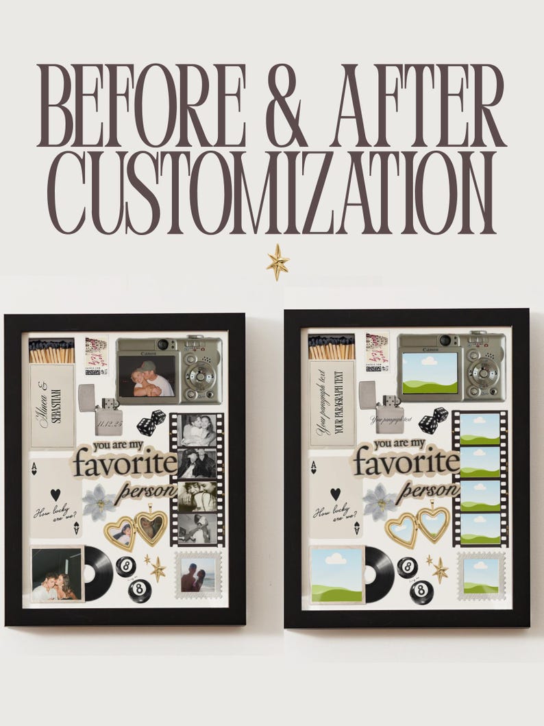 May include: Two framed shadow boxes with black frames, showcasing a before-and-after customization theme. Each box contains photos, a camera, and the text "you are my favorite person." The top text reads "BEFORE & AFTER CUSTOMIZATION."