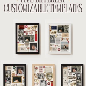 May include: Five different customizable templates are displayed, each framed and decorated with photos, stickers, and text. The frames are black, white, and natural wood tones. The text includes "love of my life" and "you are my favorite person."