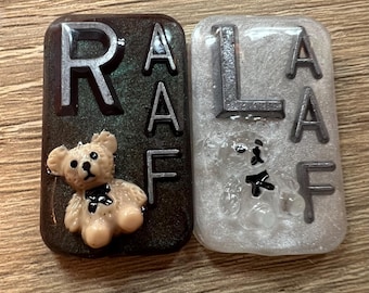 Set of 2 teddy bear coquette x-ray markers (right and left), with lead initials