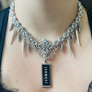 Gothic Chainmail Choker: Moon Phase Pendant, Stainless Steel Spikes