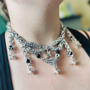 Gothic chainmail necklace with mace charms - Handmade aluminum armor inspired jewelry.