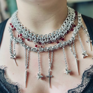 Aluminum Dark Fantasy Chainmail Choker- Red beaded gothic necklace with sword and mace charms.