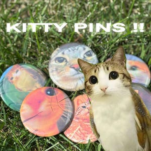 Puede incluir: Un conjunto de pines redondos con caras de gatos variadas, sobre hierba verde. Los pines presentan diferentes razas y colores de gatos. El texto "KITTY PINS !!" se muestra en la parte superior.