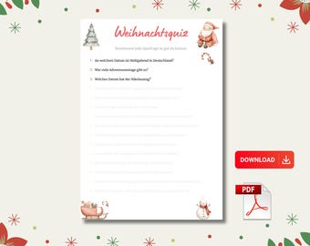 Pode incluir: Um questionário de Natal imprimível com o título "Weihnachtsquiz" em escrita vermelha. O questionário inclui perguntas sobre as tradições natalinas na Alemanha. Ilustrações festivas de uma árvore de Natal, Papai Noel e um boneco de neve decoram a página.