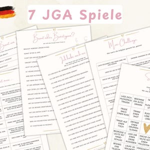 May include: A collection of seven pink and white game sheets for a bachelorette party, with German text and gold heart accents. The sheets include various game prompts and challenges for the bride and her friends.