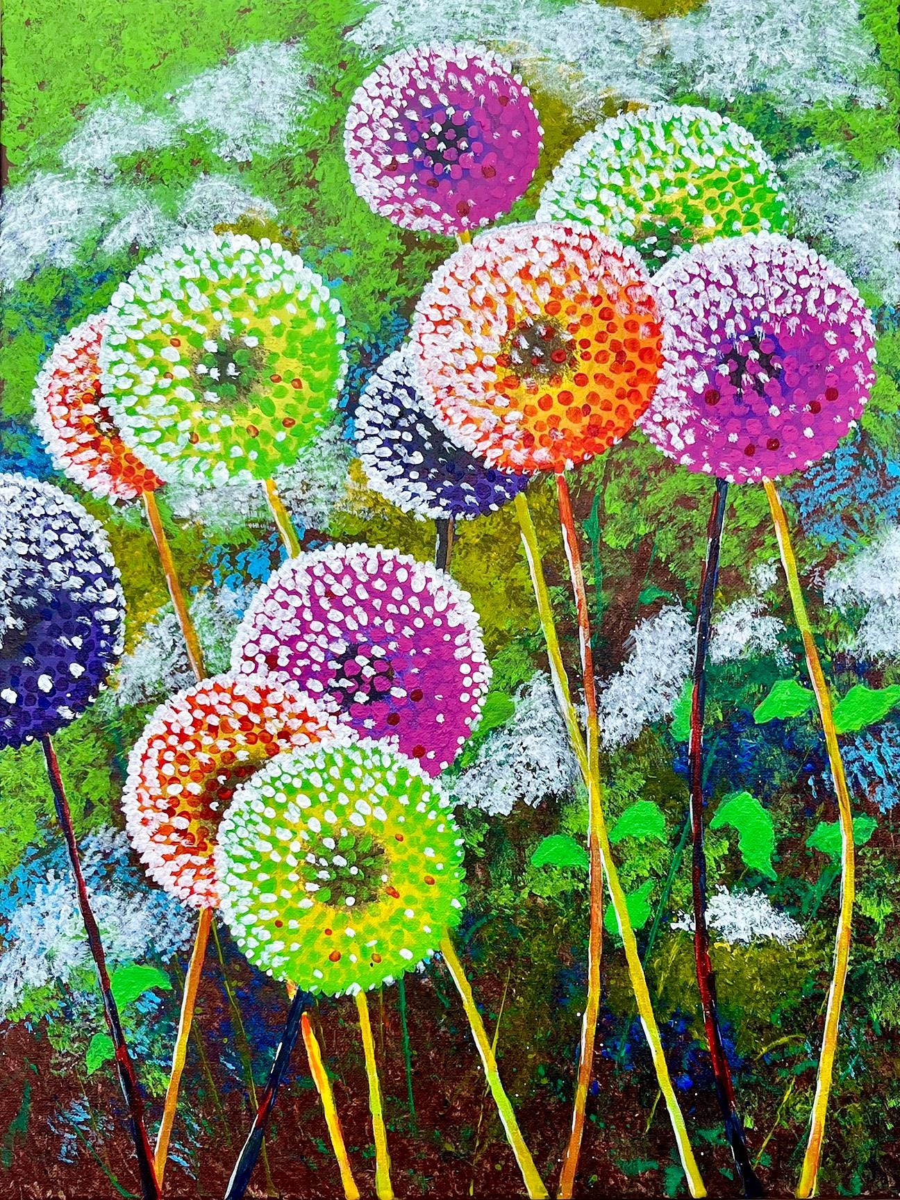 カラフルなタンポポの絵画：キャンバスに描かれたオリジナルのアクリル
