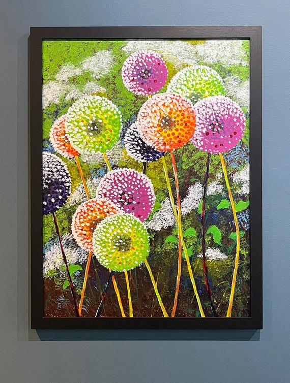 カラフルなタンポポの絵画：キャンバスに描かれたオリジナルのアクリル